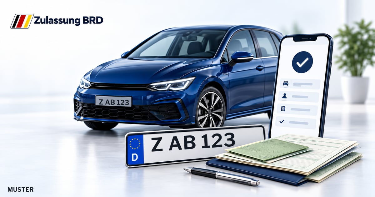Online Fahrzeugzulassung in Glauchau: Musterkennzeichen Z AB 123, Auto und Fahrzeugpapiere und Smartphone. Illustration mit Logo von Zulassung BRD.